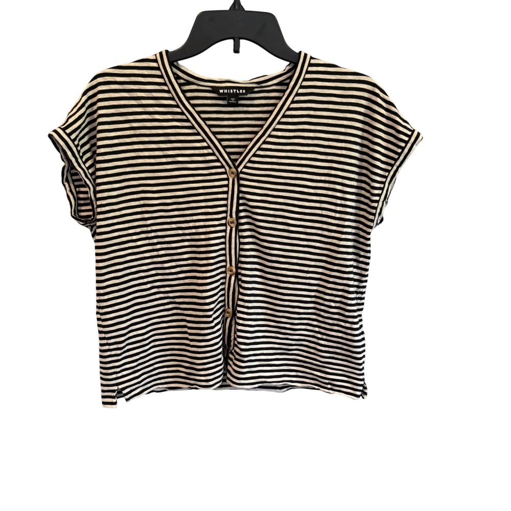 Whistles Jilly Stripe Button Front V Neck Short Sleeve Knit Cardigan Top Size S